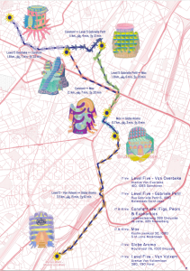 A poster of the city of Brussels where the studios participating to the open days event are highlighted by colorful drawings.
