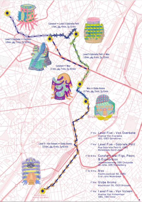 A poster of the city of Brussels where the studios participating to the open days event are highlighted by colorful drawings.